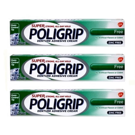 Super Poligrip Denture Orig Adhesive Cream Zinc-Free Formula, 2.4oz, 3-Pack
