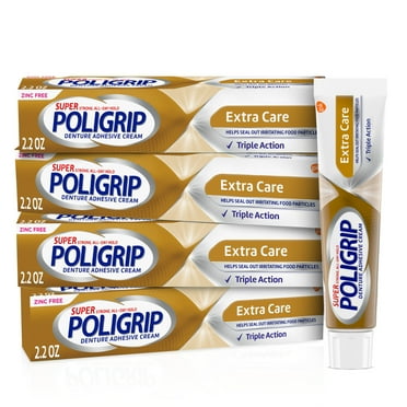 Super Poligrip Extra Care Denture and Partials Adhesive Cream, 2.2 Oz, 4 Pack, for Adults