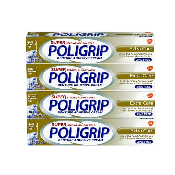 Super Poligrip Extra Care Denture Adhesive Cream, Zinc Free Denture Cream - 2.2 Ounce (Pack of 4) C3