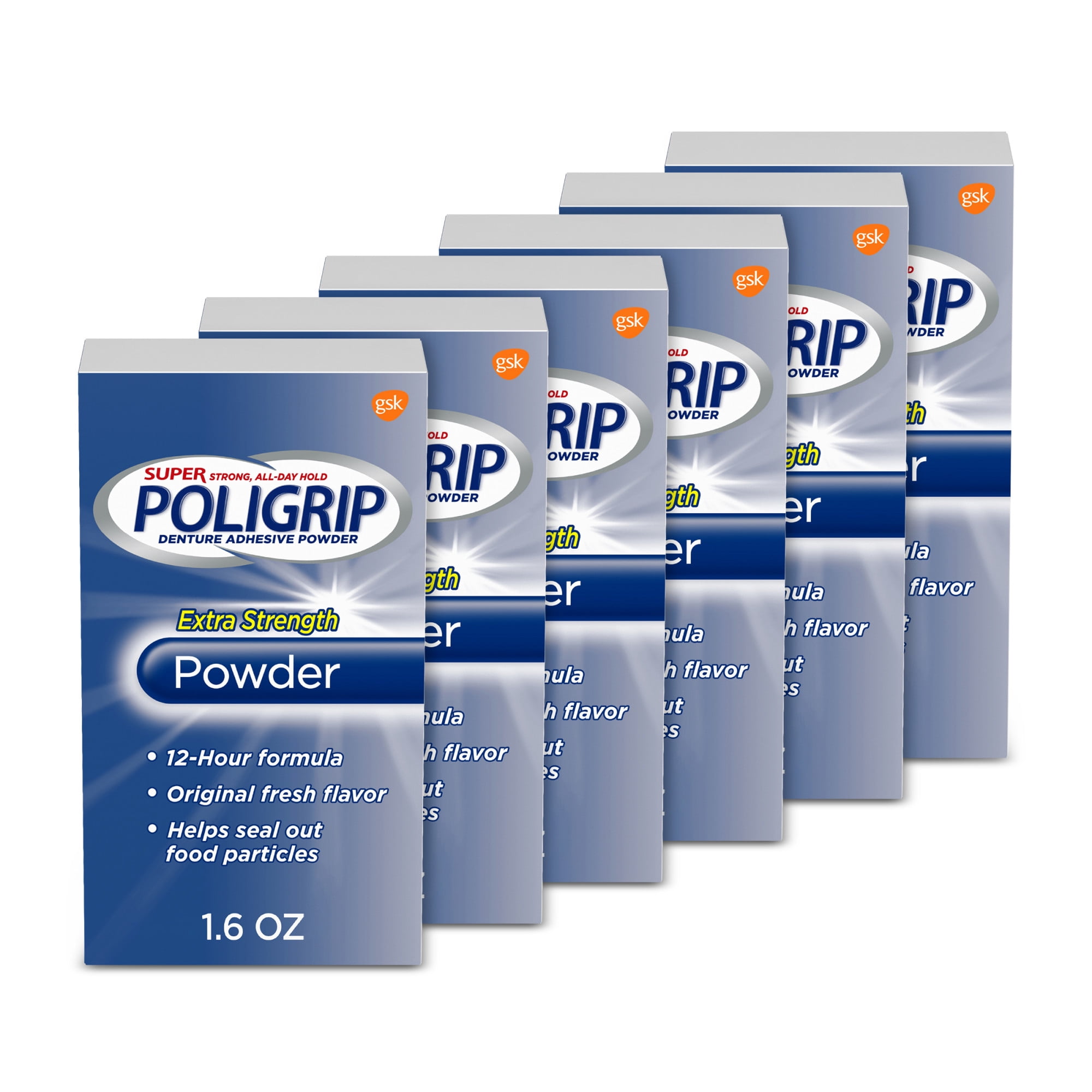 Poligrip Extra Strength Denture Adhesive Powder - 1.6 oz Pack of 6 for Adults