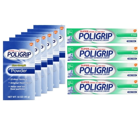 Super Poligrip Extra Strength Denture Adhesive Powder, Denture Powder for Dentures - 1.6 Ounces (Pack of 6) & Super Poligrip Zinc Free Denture and Partials Adhesive Cream, 2.4 Ounce (Pack of 4)