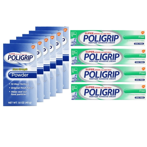 Super Poligrip Extra Strength Denture Adhesive Powder, Denture Powder for Dentures - 1.6 Ounces (Pack of 6) & Super Poligrip Zinc Free Denture and Partials Adhesive Cream, 2.4 Ounce (Pack of 4)