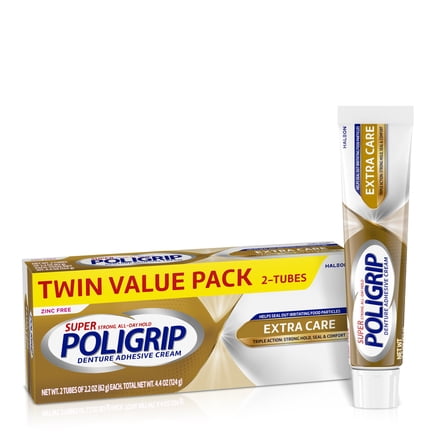 Super Poligrip Extra Care Denture and Partials Adhesive Cream, 2.2 Oz, 2 Pack, for Adults