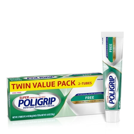 Super Poligrip Original Zinc Free Denture and Partials Adhesive Cream, 2.4 Oz, 2 Pack, for Adults