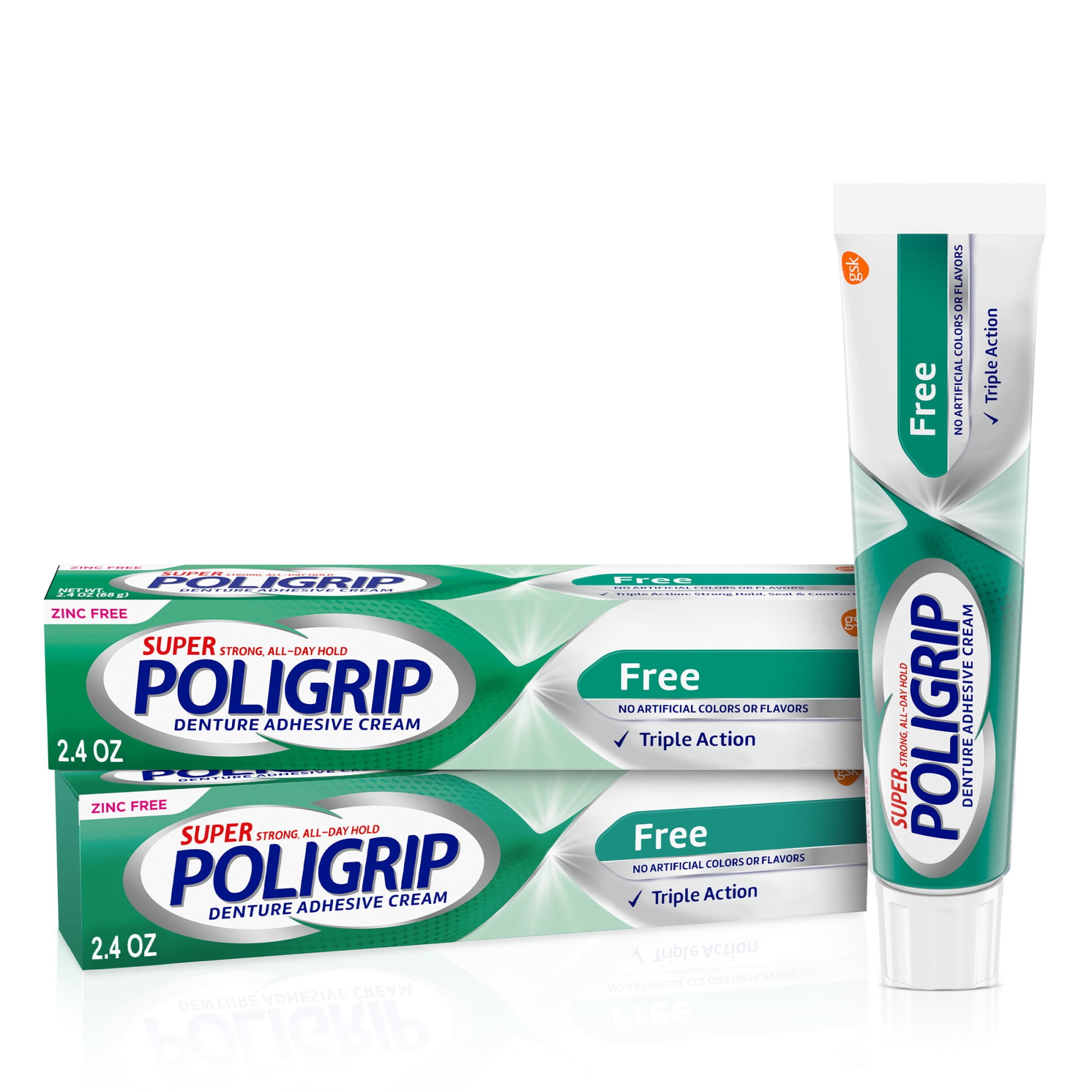 Super Poligrip Original Zinc Free Denture and Partials Adhesive Cream, 2.4 Oz, 2 pack, for Adults