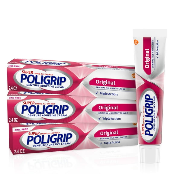 Super Poligrip Original Formula Zinc Free Denture and Partials Adhesive Cream, Mint, 2.4 oz, 3 Pack
