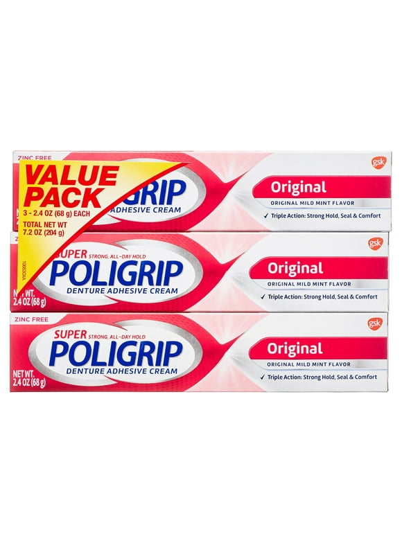 Super Poligrip Original Denture and Partials Adhesive Cream, 2.4 oz, 3 Pack