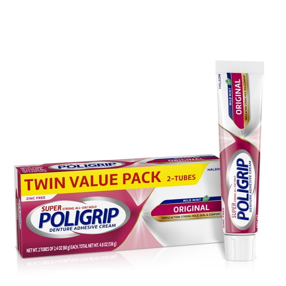 Super Poligrip Original Formula Zinc Free Denture and Partials Adhesive Cream, 2.4-Oz Twin Pack (4.8-Oz Total), for Adults