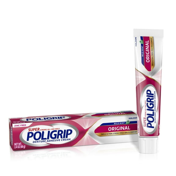 Super Poligrip Original Zinc Free Denture and Partials Adhesive Cream, 2.4 Oz, for Adults