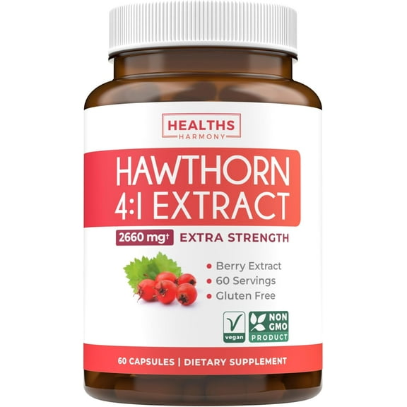 Healths Harmony Hawthorn Berry Supplement, Extra Strength Hawthorn 4:1 Extract, 60 Capsules