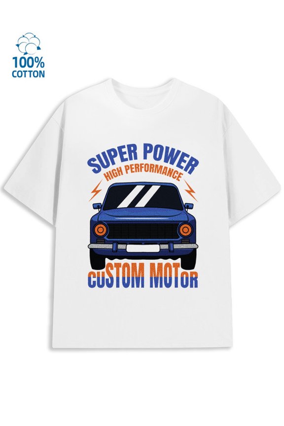 Super Power Car Tee for men garage 180G 100% Cotton white gray on the back Funny Unisex Shirt Crewneck tshirts Casual Unisex Shirt Crewneck tshirts Funny Unisex Shirt Printed tshirts