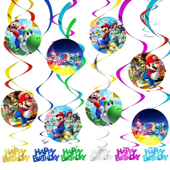 Super Pre-Strung Marioal Party Decorations Hanging Swirl Sign Whirls Birthday Streamer Ceiling Decor Supplies 14 pcs