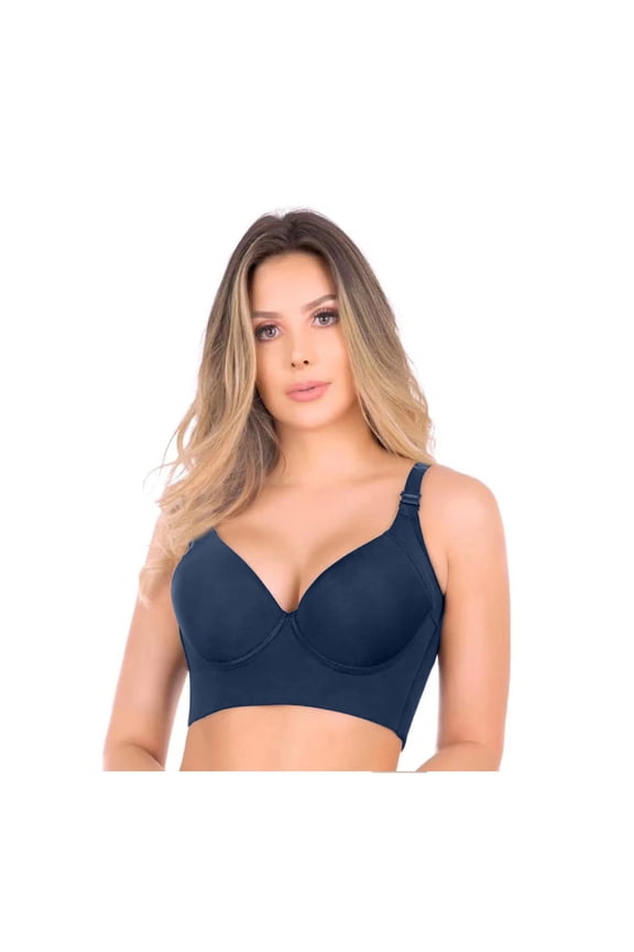 Super Push Up Bra Smoothing Back Fat Bra with Support Comfortable Seamless T Shirt Bra Full Coverage Deep Cup Bra Navy 40B