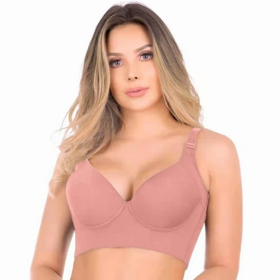 Super Push Up Bra Smoothing Back Fat Bra with Support Comfortable Seamless T Shirt Bra Full Coverage Deep Cup Bra RosePink 38D