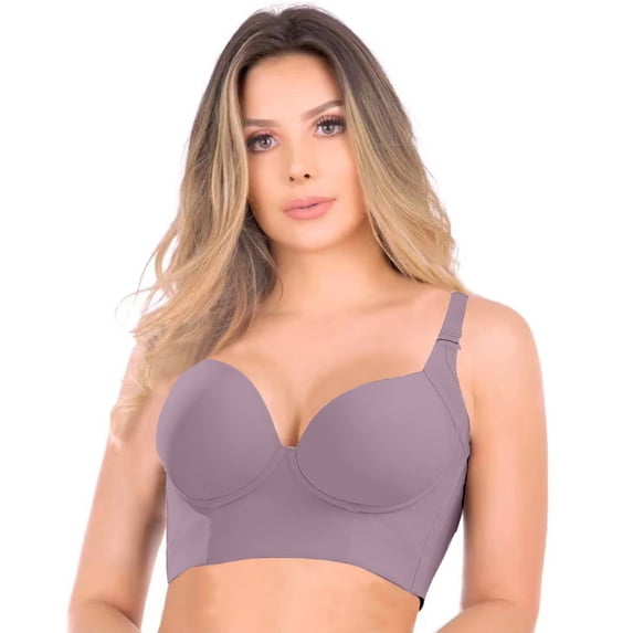 Super Push Up Bra Smoothing Back Fat Bra with Support Comfortable Seamless T Shirt Bra Full Coverage Deep Cup Bra SeaFog 34B