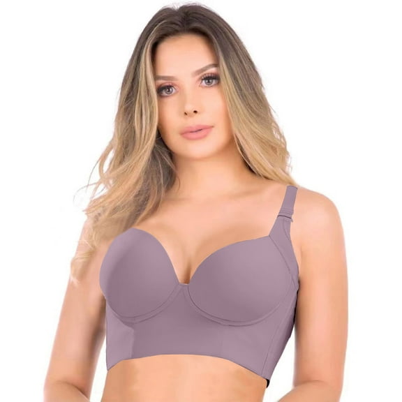 Super Push Up Bra Smoothing Back Fat Bra with Support Comfortable Seamless T Shirt Bra Full Coverage Deep Cup Bra SeaFog 42B