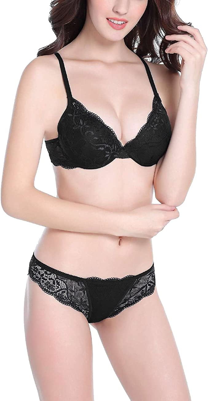 Super Push Up Sexy Bras Set Transparent Underwear Lingerie Lace Bra & Matching  Panty for Women 