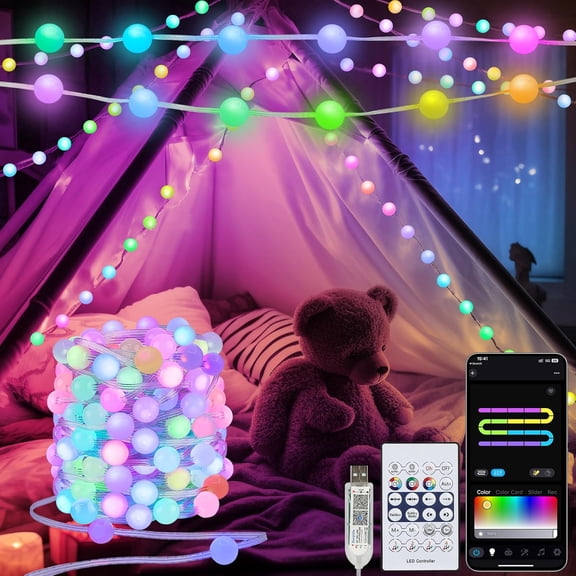 Super RGB Smart RGB-IC Globe String Lights, 66Ft Fairy Lights with App & Remote Control, 16 Million Colors, Music Sync & DIY Modes, Hanging Twinkle Lights for Bedroom, Party, Christmas and Room Decor