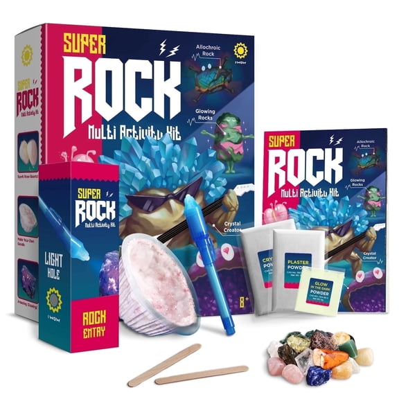 Piano Potato Super Rock Rock Collection Crystal Making Kit,Crystal Glowing Kit,Grow Crystals Kit for Kids,24 Pcs Assorted Gemstones, Crystals, Rocks & Minerals, with Learning Book