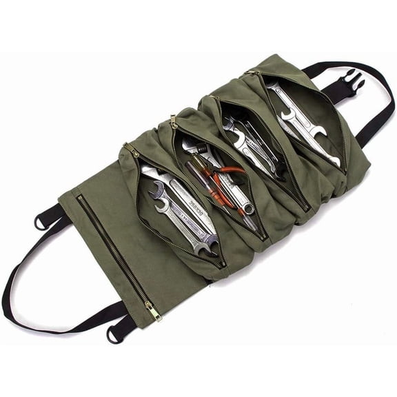 Super Roll Tool Roll,Multi-Purpose Roll Up Tool Bag, Wrench Roll,Canvas Tool Organizer Bucket,Car First Aid Kit Wrap Roll Storage Case,Hanging Tool Zipper Carrier Tote,Car Camping Gear(Green)