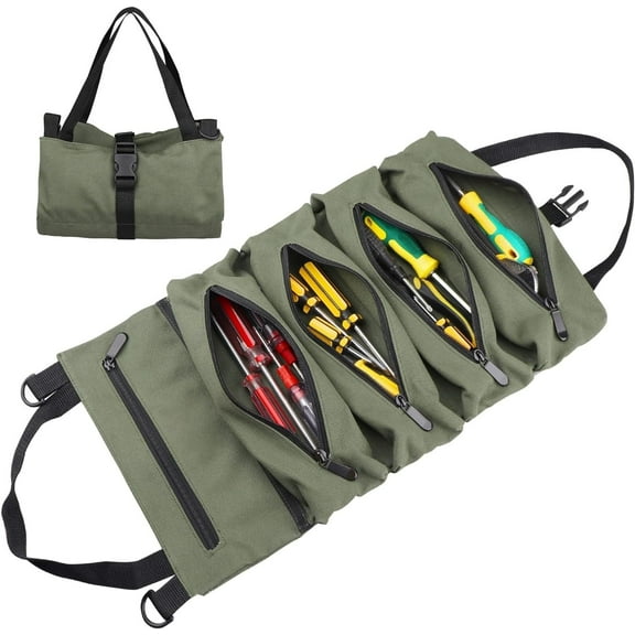 Super Roll Tool Roll,Multi-Purpose Roll Up Tool Bag, Wrench Roll,Canvas Tool Organizer Bucket,Car First Aid Kit Wrap Roll Storage Case,Hanging Tool Zipper Carrier Tote,Car Camping Gear