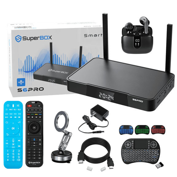 Super S6 Pro Box Home Theater Memory System with Voice Remote Control &Wireless Bluetooth Earphones