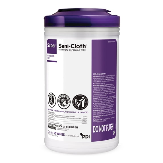 Super Sani-Cloth Surface Disinfectant Cleansing Wipes, Canister, 7.5 x 15 in, 75 Wipes, 6 Packs, 450 Total