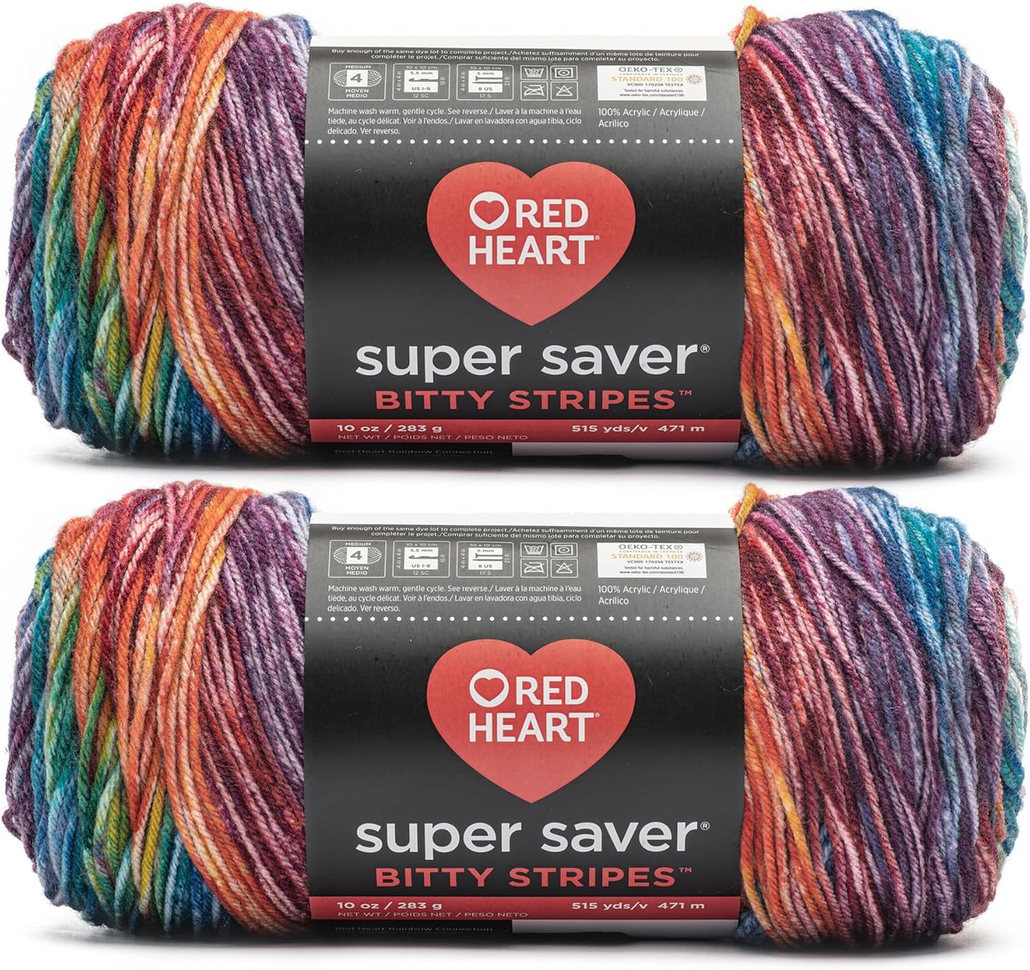 Super Saver Bitty Stripes Crayon Box Yarn - 2 Pack of 10oz/283g - 100% Acrylic - #4 Worsted (Medium) - 515 Yards - Knitting/Crochet