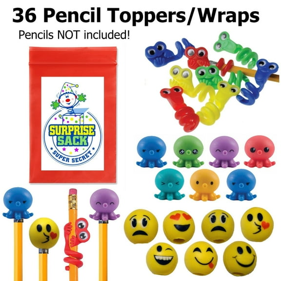 Super Secret Surprise Sack Emoji, Octo Squishies, & Wiggle Eye Pencil Topper Pack (36 Pc) with 1