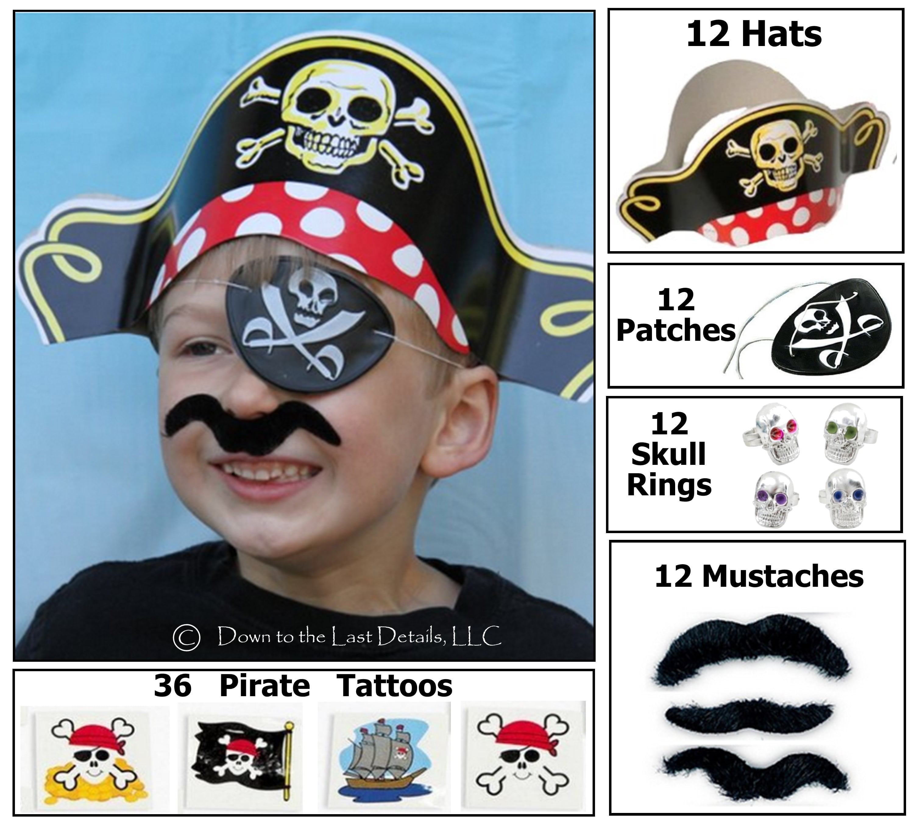 SUPER SECRET SURPRISE SACK 12 Pirate Dress up Party Favor Pack (12 Hats, Pirate Patches, 36 Tattoos & More) Birthday Decorations Supplies