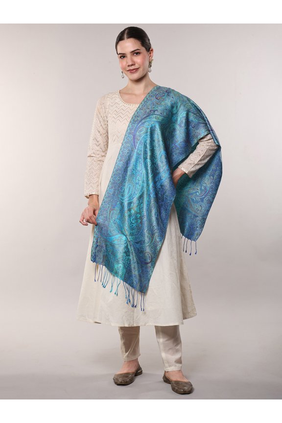 Super-Silk Jamawar Scarf with Woven Paisleys – Bluejay