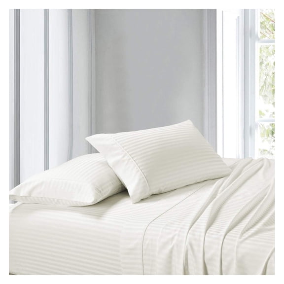 Super Single Cotton Sheet Set - 300 Thread Count Sateen - Striped Waterbed Sheets - Fitted, Flat & Pillowcase - Soft & Durable 100% Cotton Bedding Super Single Waterbed Ivory