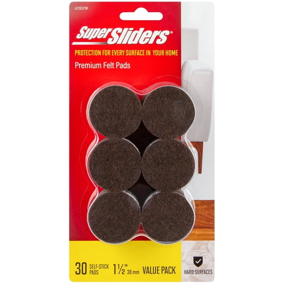 Super Sliders 1 1/2" Round Brown Self Stick Felt Furniture Pads for Hardwood Floors, 30 Pack