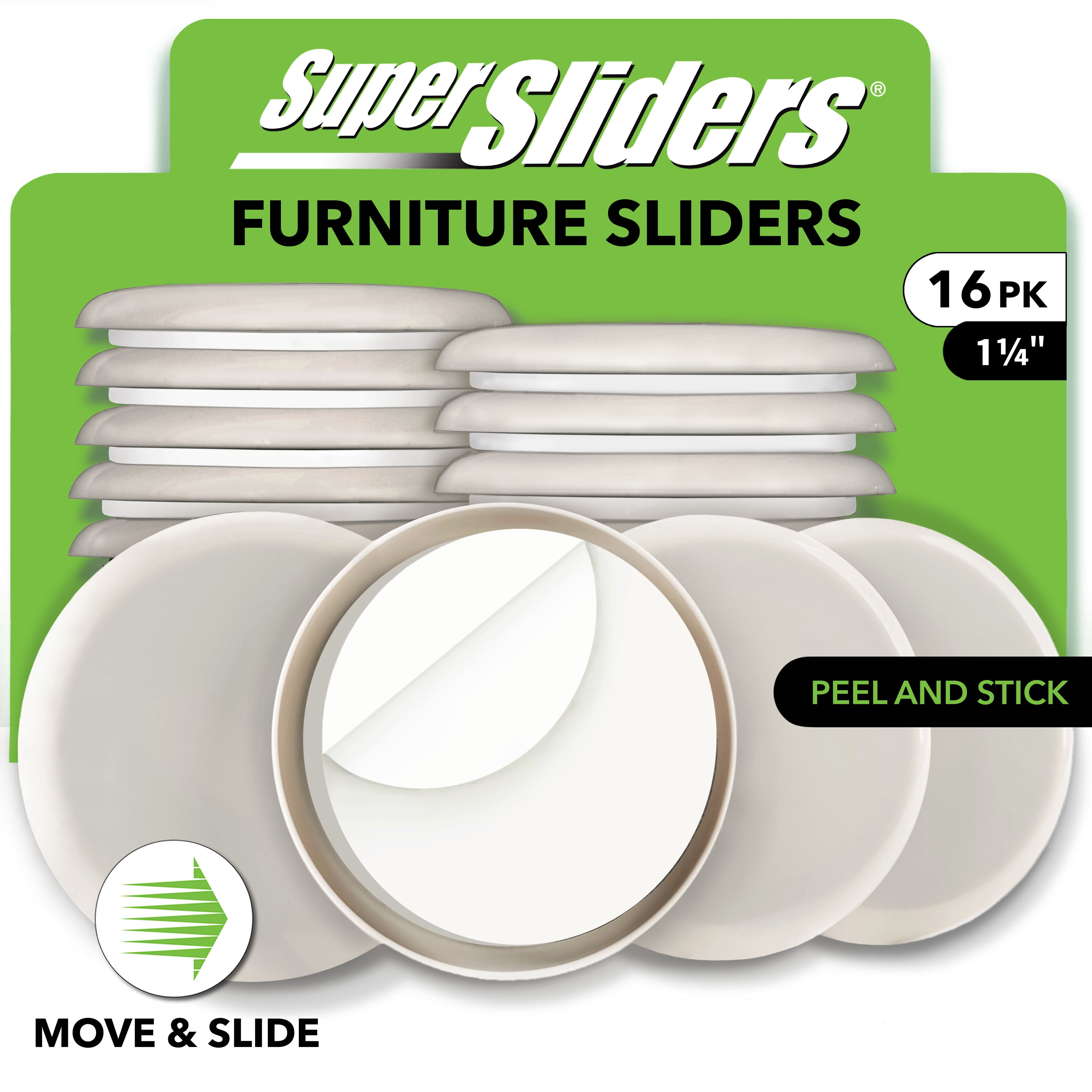 Super Sliders 1¼" Round Furniture Sliders – 16 pack, Self-Stick Pads for Carpeted Surfaces (Beige)