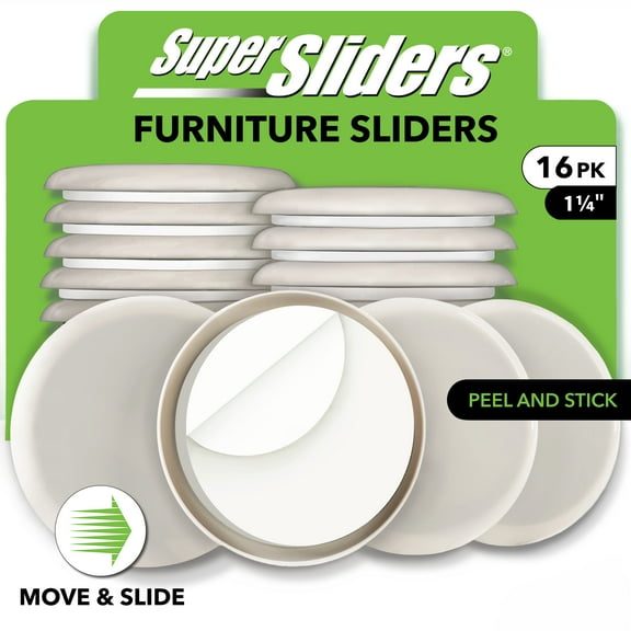 Super Sliders 1¼" Round Furniture Sliders – 16 pack, Self-Stick Pads for Carpeted Surfaces (Beige)