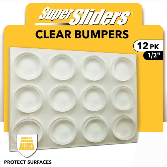 Super Sliders 1/2" Round Self Stick Clear Adhesive Cabinet Bumpers, 12 Pack Surface Protectors for Cabinets & Drawers