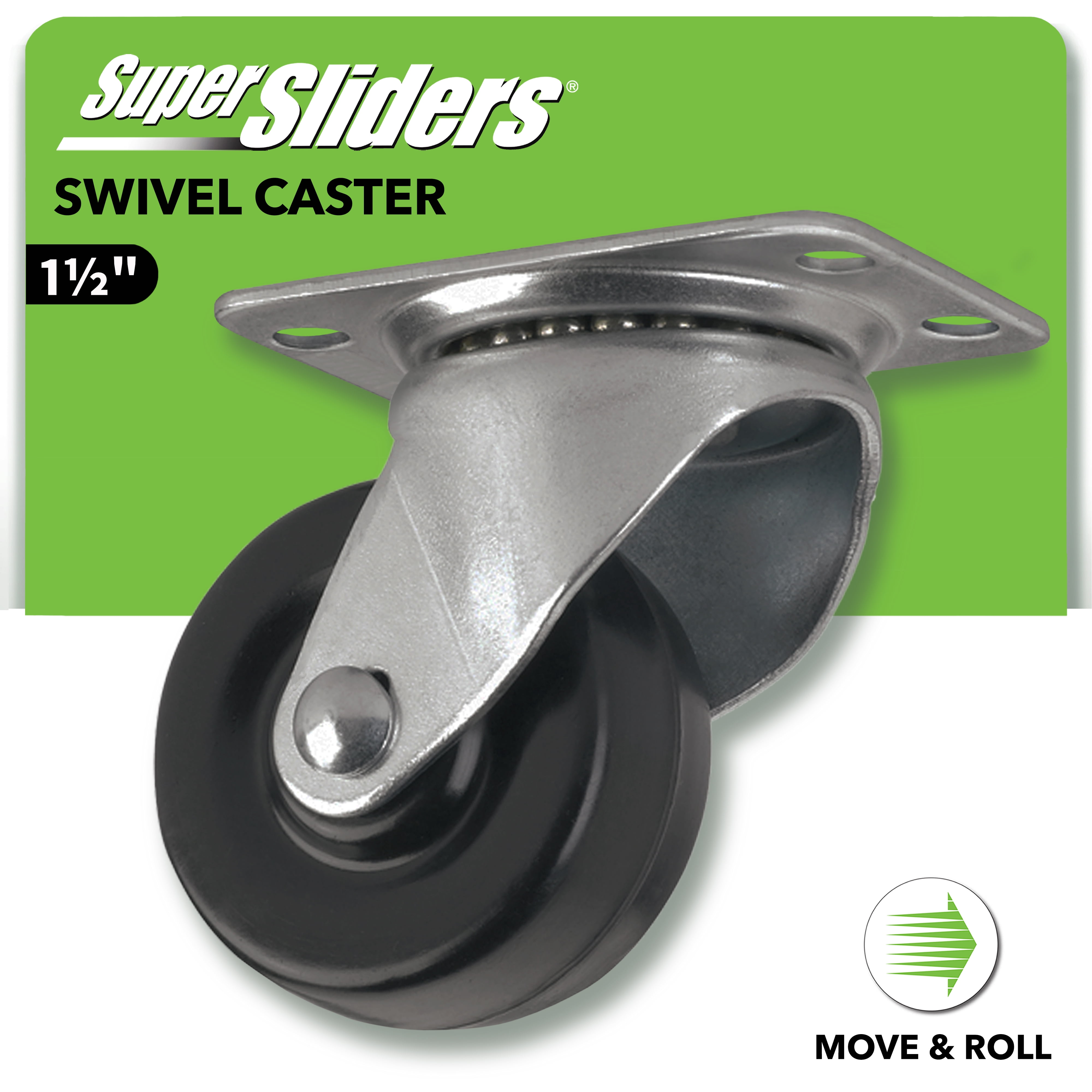 Super Sliders 1.5 inch Swivel Plate Caster with 360° Rotation, 40 lb Load Capacity, Non-Marking Black Rubber Wheel - 1 Pack