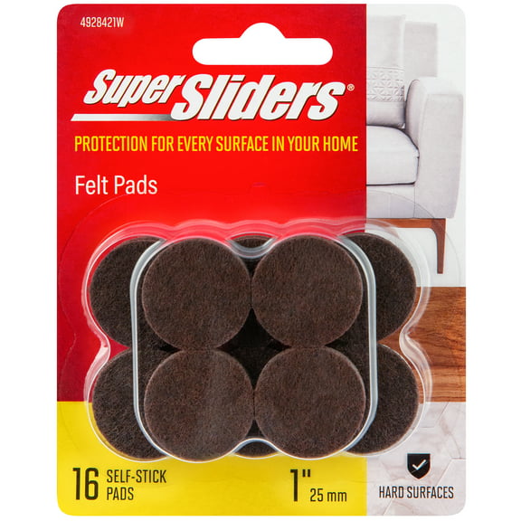 Super Sliders. 1" Round Self Stick Felt Furniture Pads for Hardwood Brown, 16 Pack