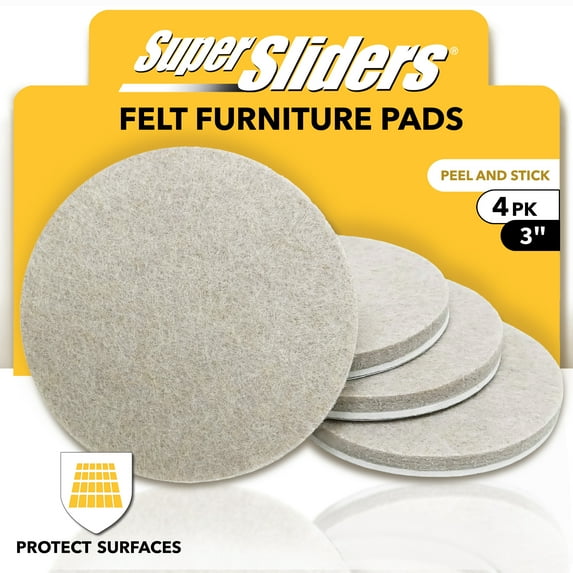 Super Sliders 3 inch Round Self-Stick Felt Furniture Pads, Beige, 4 Pack