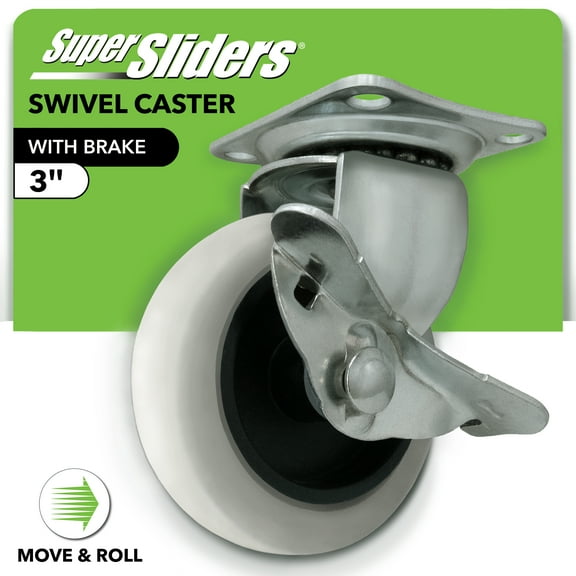 Super Sliders 3 inch Swivel Plate Caster with Side Brake 110 lb Load Capacity Thermoplastic Rubber (TPR), Non Marking - 1-Pack