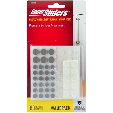 Super Sliders Assorted Round Self Stick Cabinet Bumper. Plastic, Clear/Gray, 80 Pack