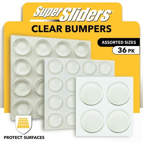 Super Sliders Clear Adhesive Bumpers, 36 Pack Assorted Sizes - Furniture Pads and Sliders