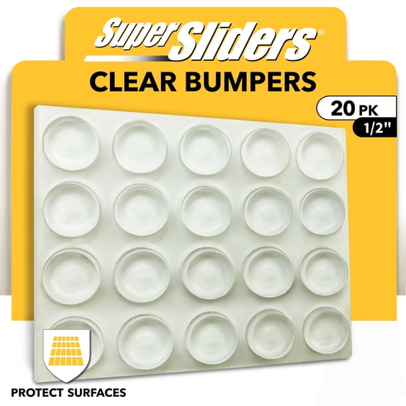 Super Sliders Clear Adhesive Bumpers 20 Pack - 1/2 Inch Round Protectors for Cabinets and Drawers