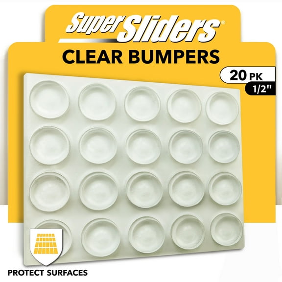 Super Sliders Clear Adhesive Bumpers, 20 Pack, 1/2" Round Surface Protectors for Cabinets, Drawers & Décor