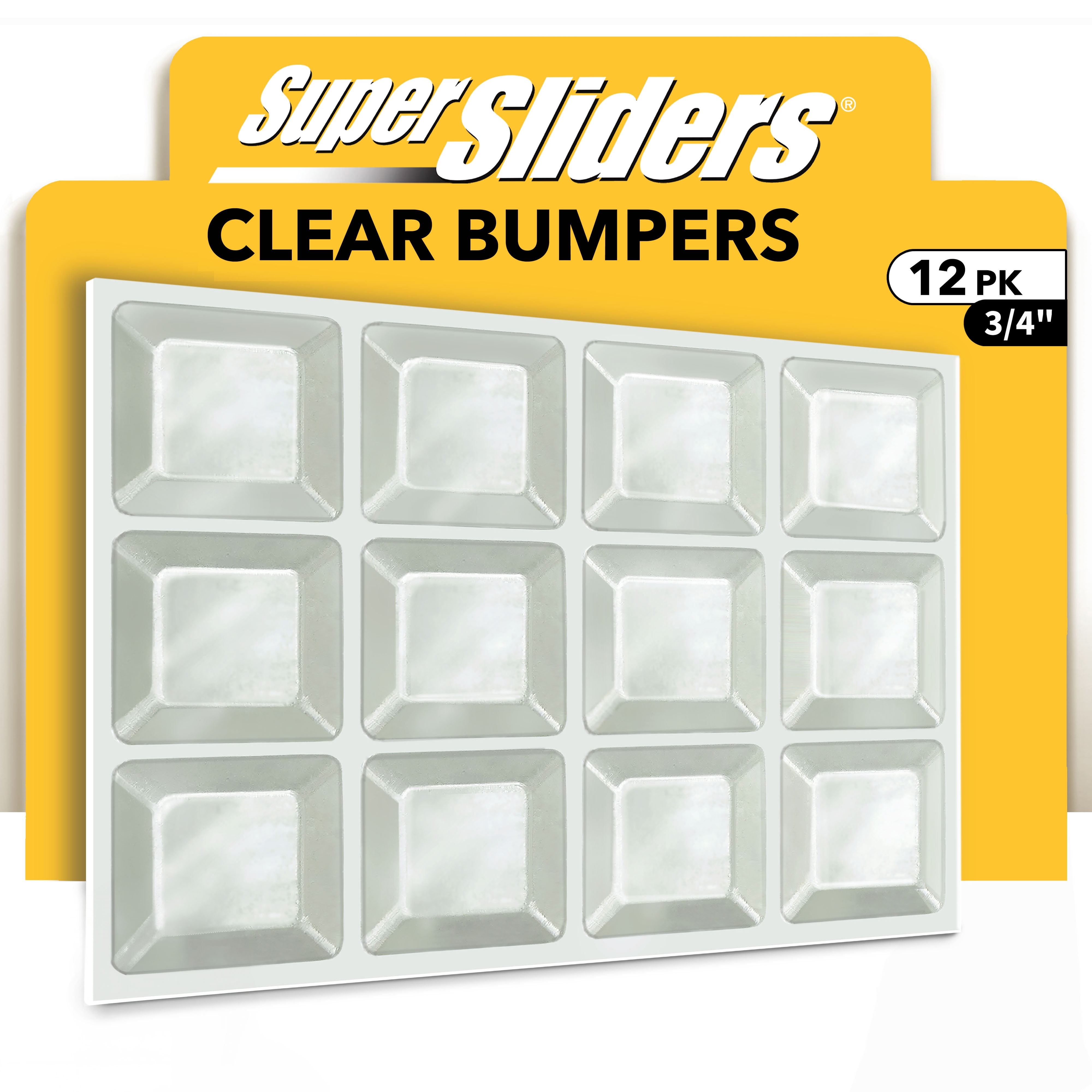 Super Sliders Clear Square Bumpers - 12 Pack, 3/4 inch Adhesive Surface Protectors for Cabinets, Drawers & Dcor