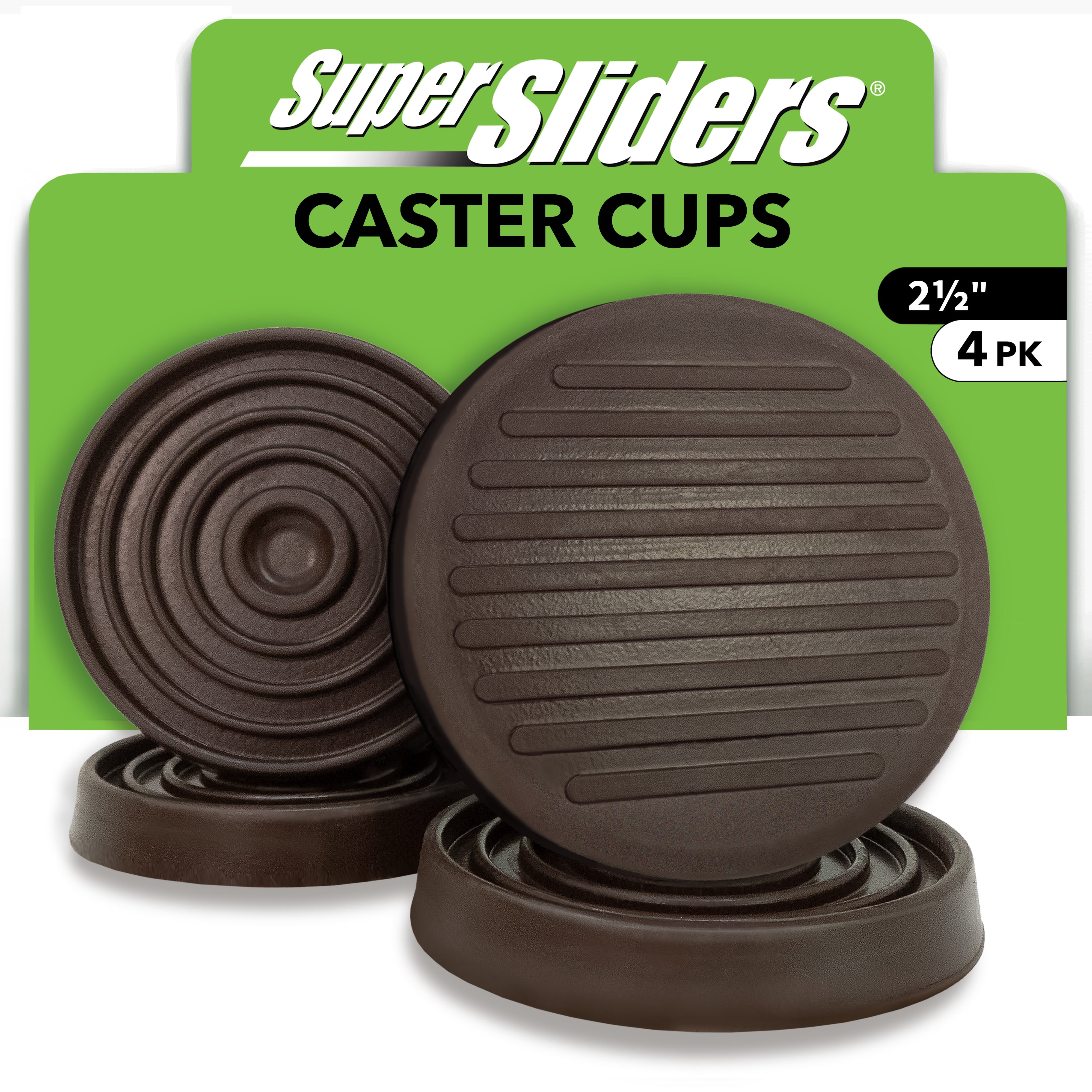 Super Sliders 2-1/2 Inch Rubber Caster Cups for Furniture Wheels, Prevents Sliding and Protects Floors – Brown, 4-Pack