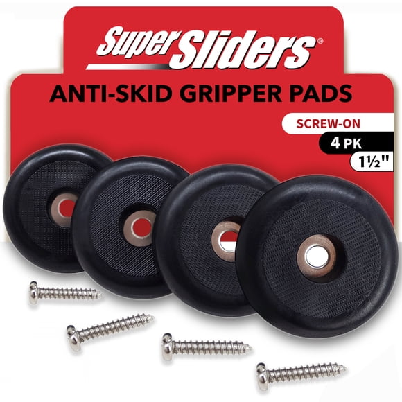 Super Sliders 1-1/2 inch Anti-Skid Gripper Pads with Screw-On Mounting, Floor Protectors for Furniture Legs - 4-pack, Black