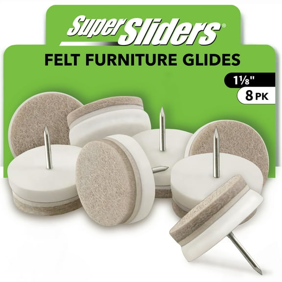 Super Sliders 1-1/8 Inch Nail-On Felt Furniture Glides for Hardwood Floors, Non-Marking Chair Leg Tips for Smooth Movement – Beige, 8-Pack
