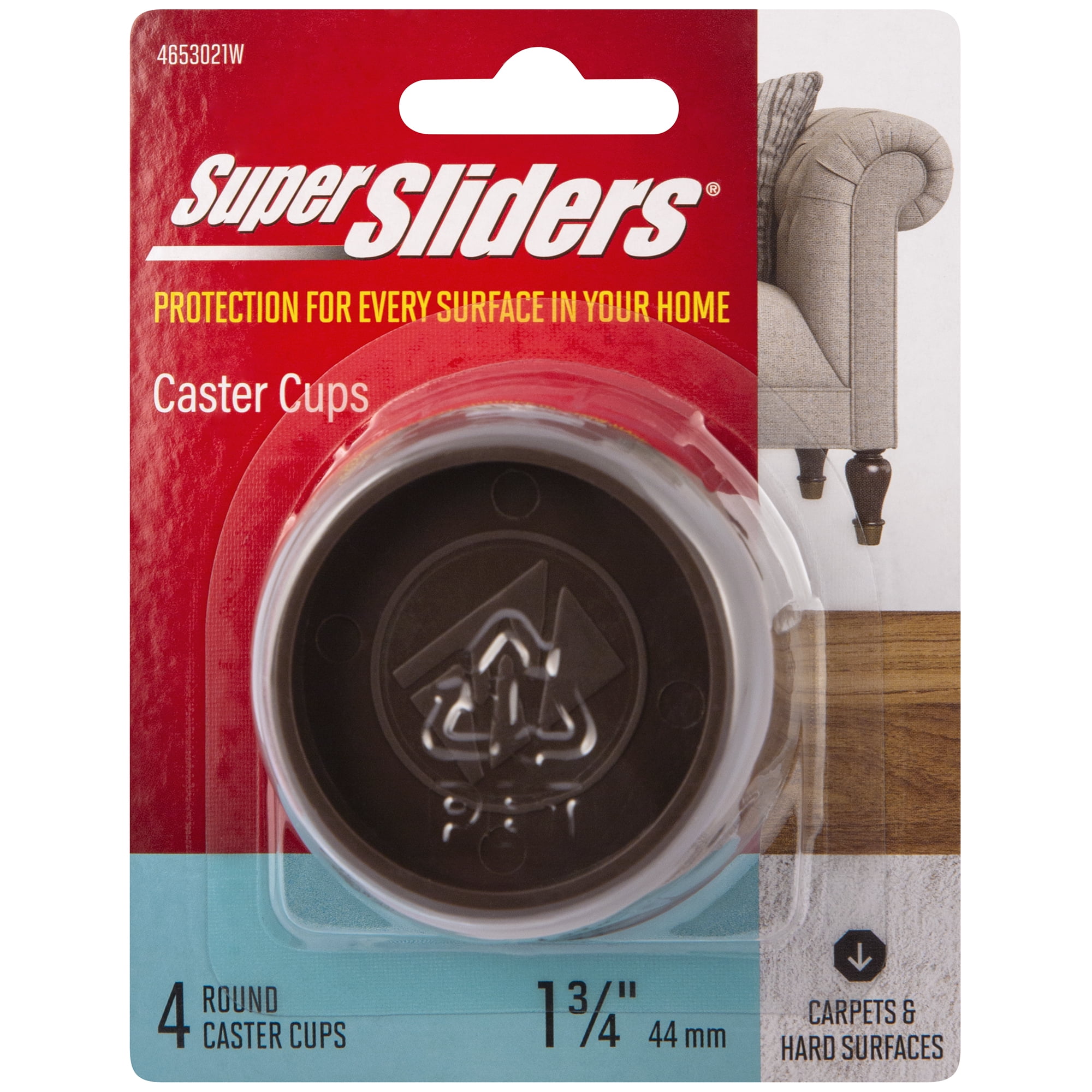 Super Sliders.  Size 1 3/4" Round Furniture Caster Cup Vinyl for Carpet. Brown, 4 Pack