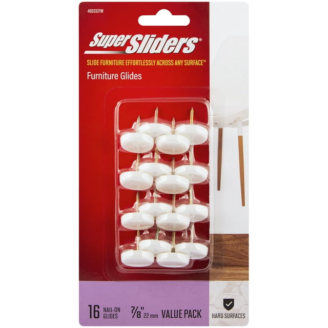 Super Sliders. Size 7/8 inch wide Round Nail on Furniture Glides Plastic, White, 16 Pack